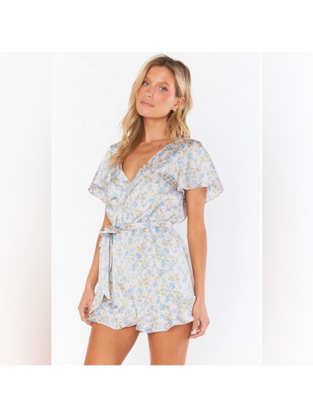 Show Me Your MuMu Blue Floral Wrap Romper